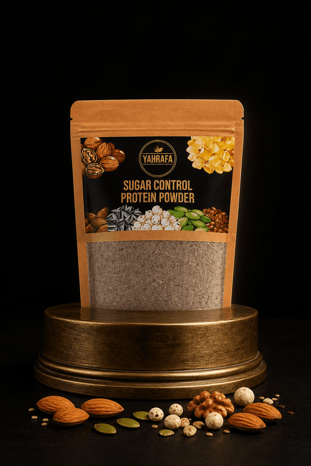 Yahrafa protein powder pouch shown with its pantry ingredients